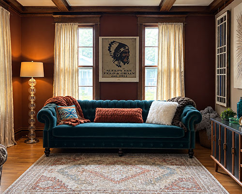 Cecil sofa in Como Dragonfly blue-green velvet