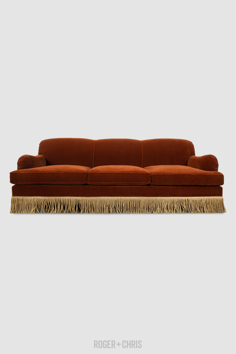 Basel sofa in velvet with fringe skirt Roger Chris Custom Sofas