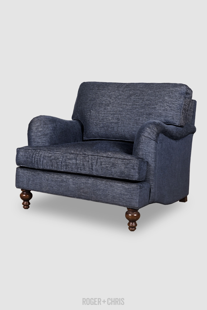 Blythe English roll arm chair in Stanton Ink blue performance fabric Roger Chris