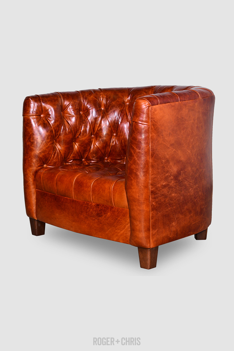 Oliver tufted barrel chair in Echo Cognac leather Roger Chris