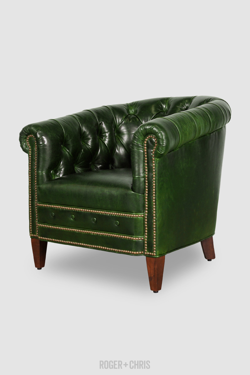 Collins tufted barrel chair in Mont Blanc Evergreen leather | ROGER + CHRIS